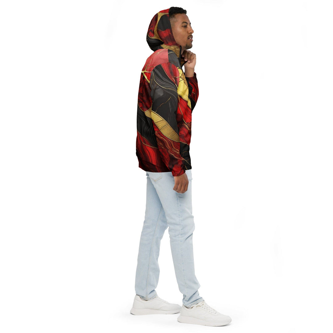Mens Hooded Windbreaker Jacket - Bold Red Gold Tones Print