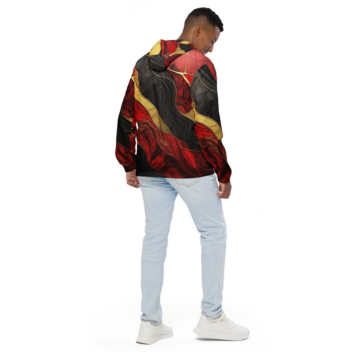Mens Hooded Windbreaker Jacket - Bold Red Gold Tones Print