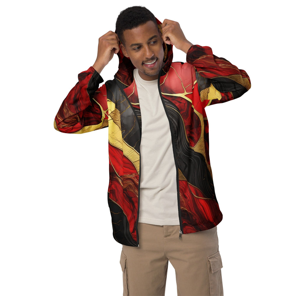 Mens Hooded Windbreaker Jacket Bold Red Gold Tones Print