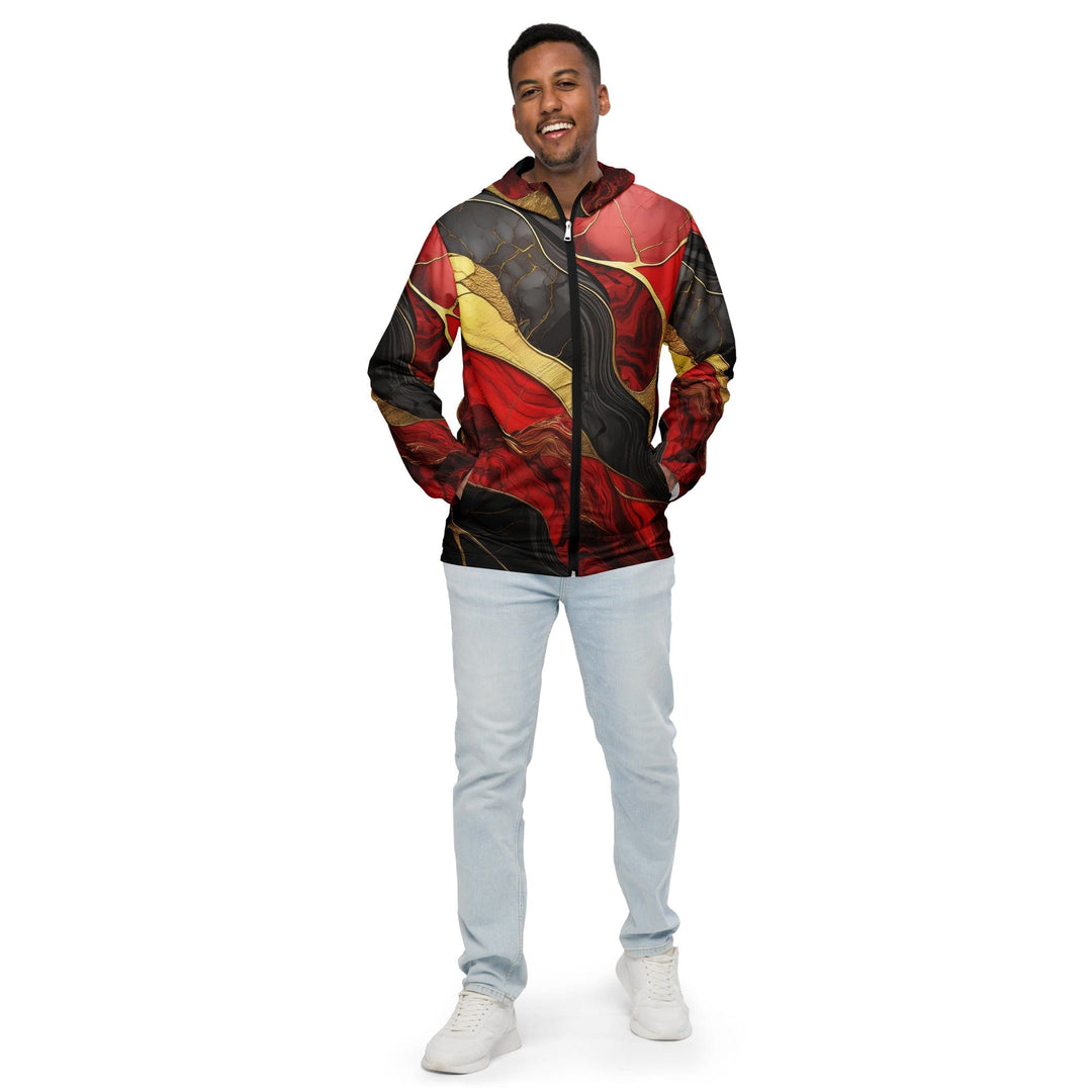 Mens Hooded Windbreaker Jacket Bold Red Gold Tones Print