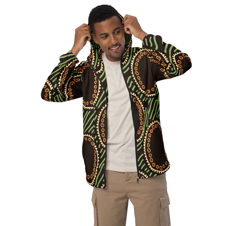 Mens Hooded Windbreaker Jacket Brown Green Geometric Lines