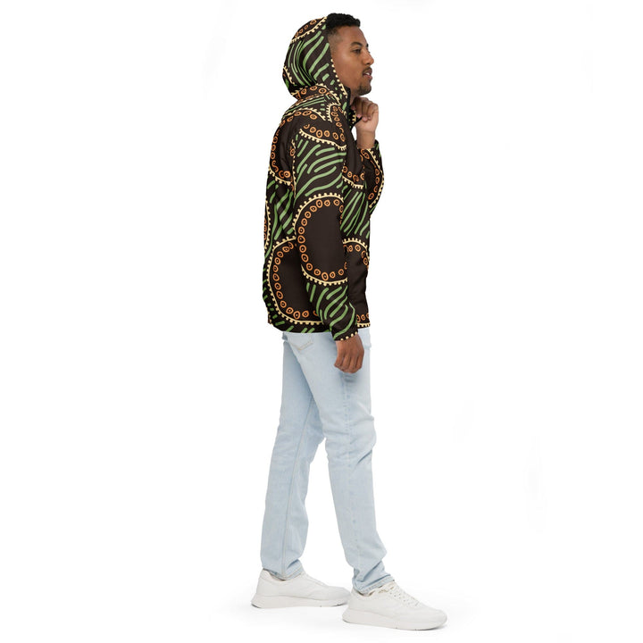 Mens Hooded Windbreaker Jacket Brown Green Geometric Lines