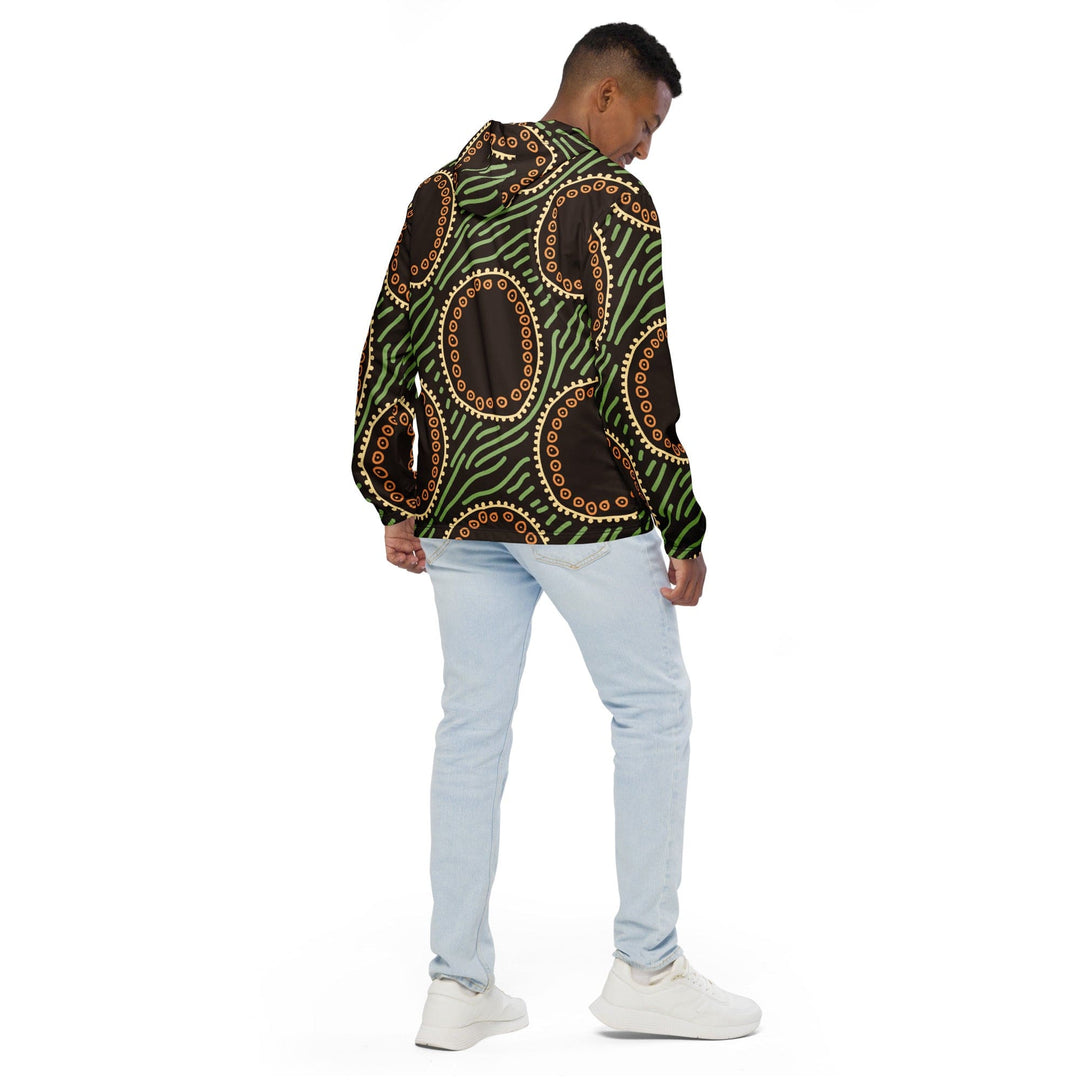 Mens Hooded Windbreaker Jacket Brown Green Geometric Lines