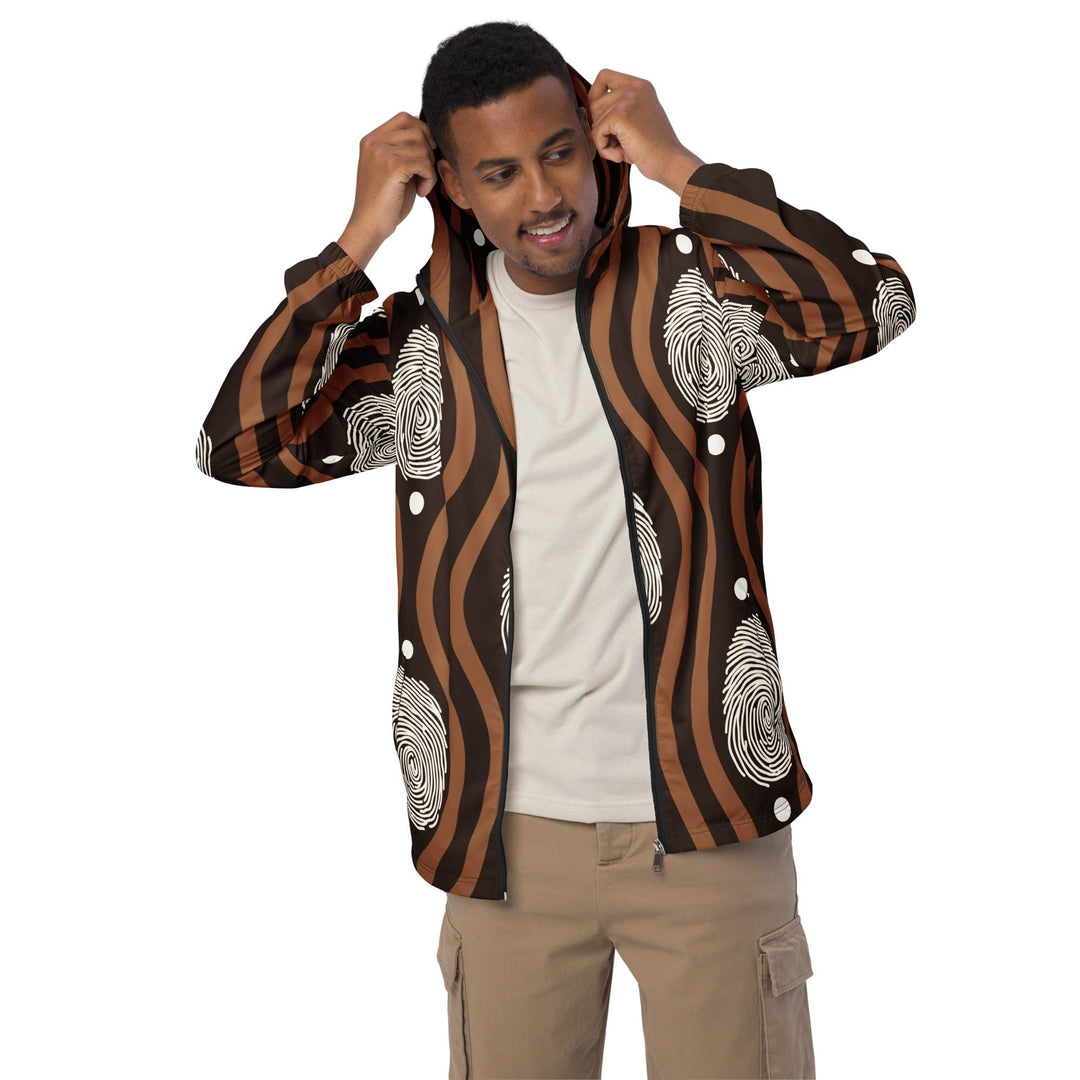 Mens Hooded Windbreaker Jacket Brown White Geometric Lines