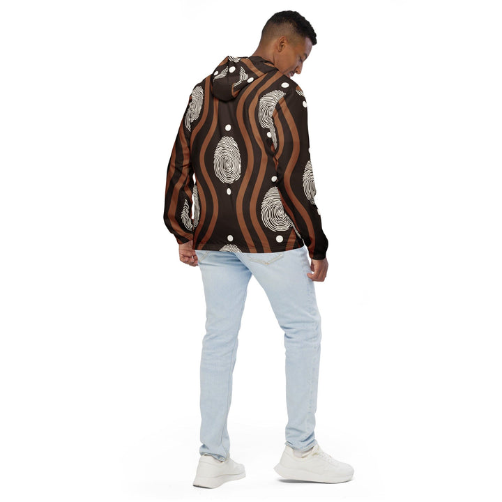 Mens Hooded Windbreaker Jacket Brown White Geometric Lines