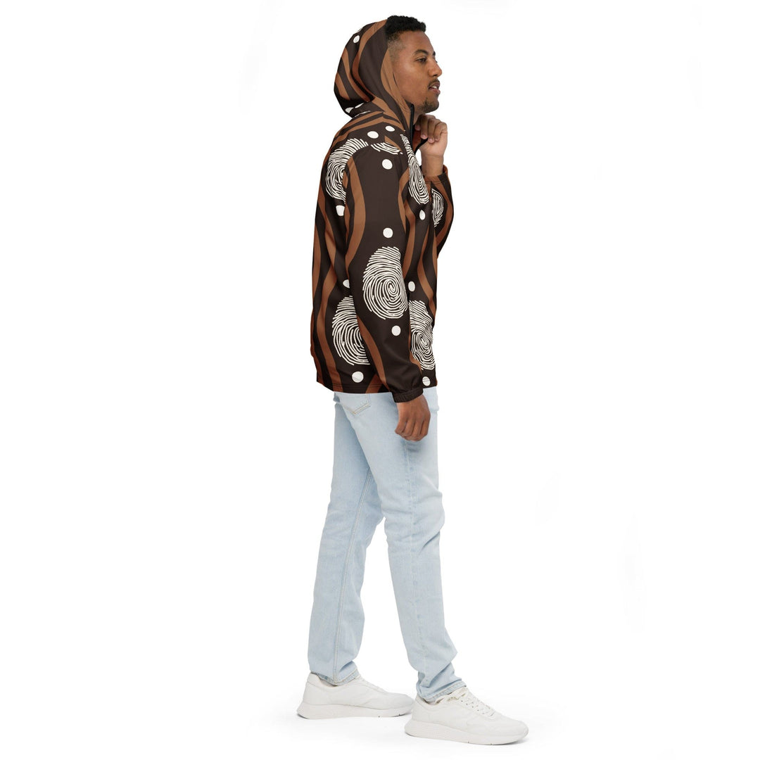 Mens Hooded Windbreaker Jacket Brown White Geometric Lines