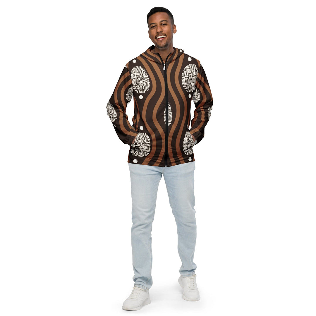 Mens Hooded Windbreaker Jacket Brown White Geometric Lines