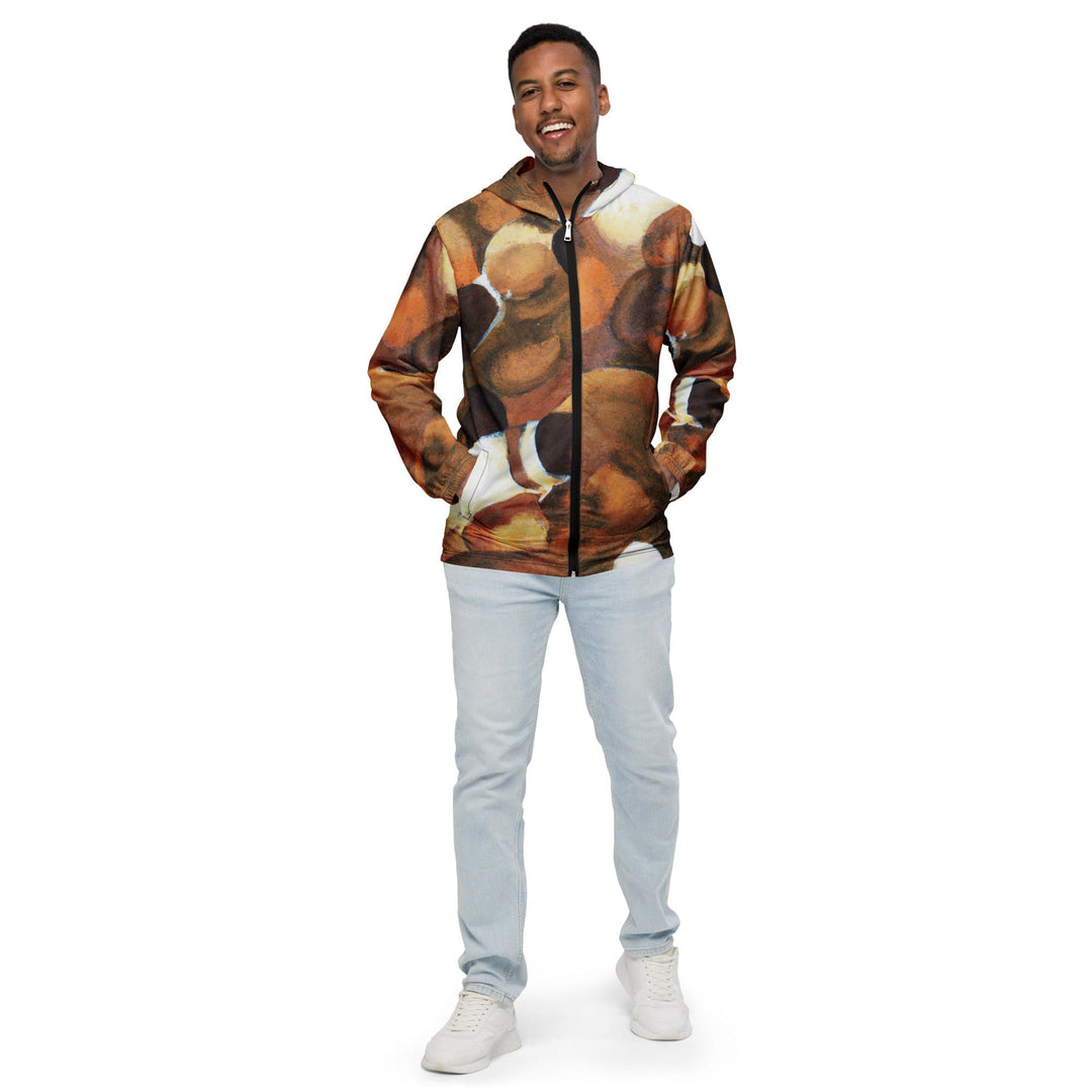 Mens Hooded Windbreaker Jacket - Brown White Stone Pattern