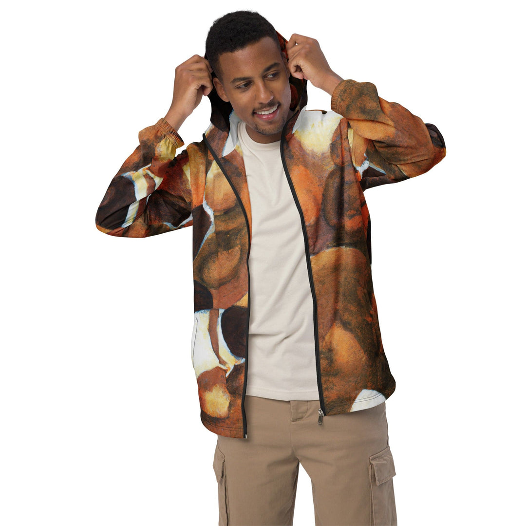 Mens Hooded Windbreaker Jacket - Brown White Stone Pattern