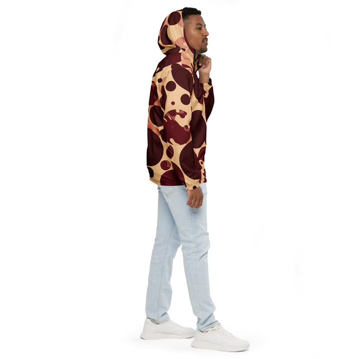 Mens Hooded Windbreaker Jacket Burgundy Beige Circular Print