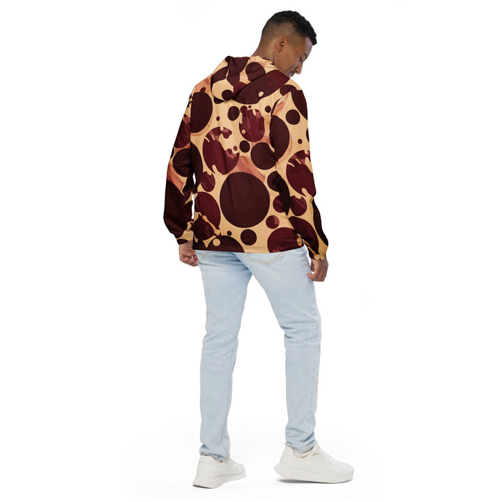 Mens Hooded Windbreaker Jacket Burgundy Beige Circular Print