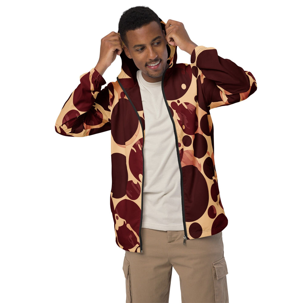 Mens Hooded Windbreaker Jacket Burgundy Beige Circular Print