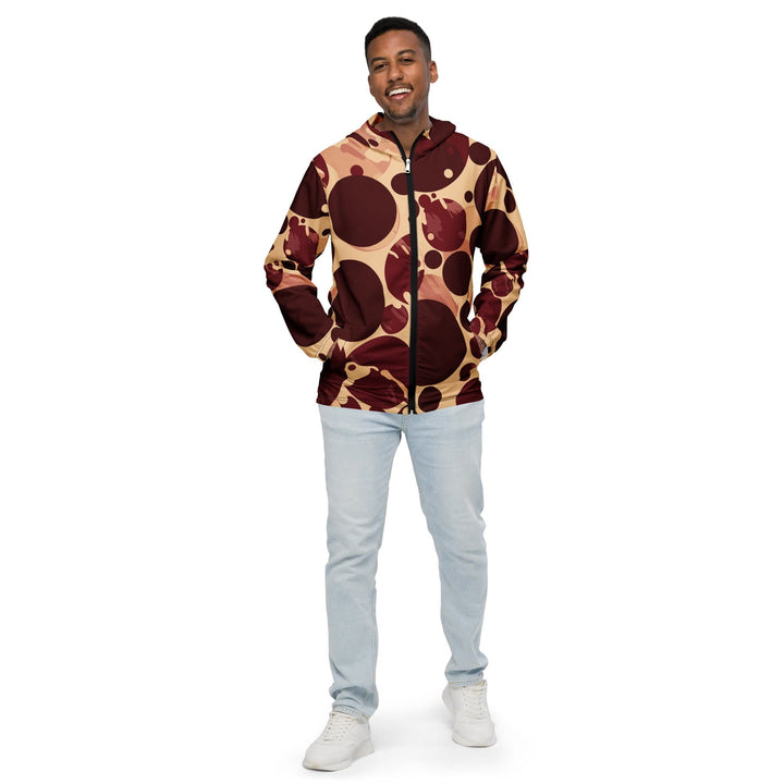 Mens Hooded Windbreaker Jacket Burgundy Beige Circular Print