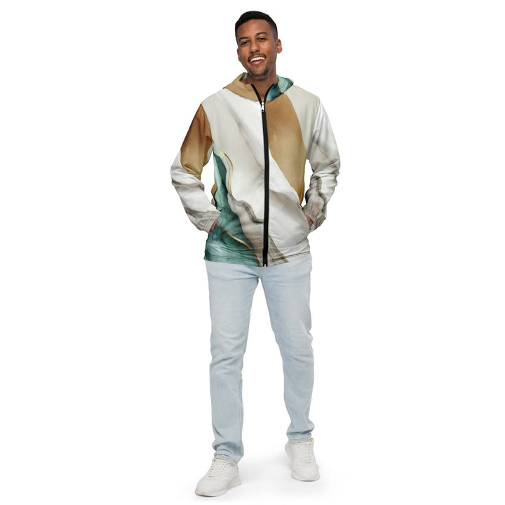 Mens Hooded Windbreaker Jacket Cream White Green Marbled Print