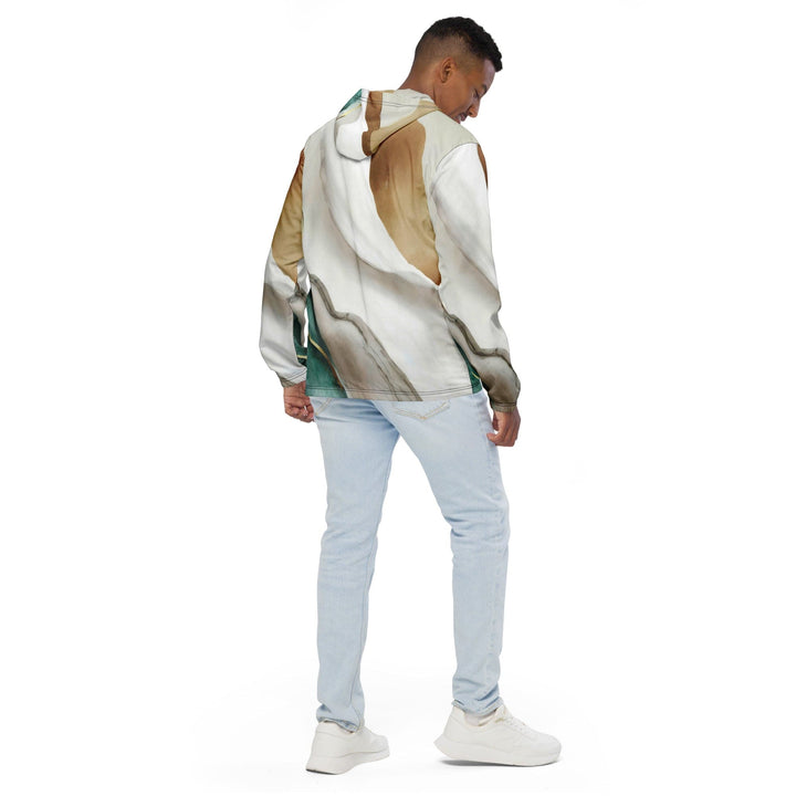 Mens Hooded Windbreaker Jacket Cream White Green Marbled Print