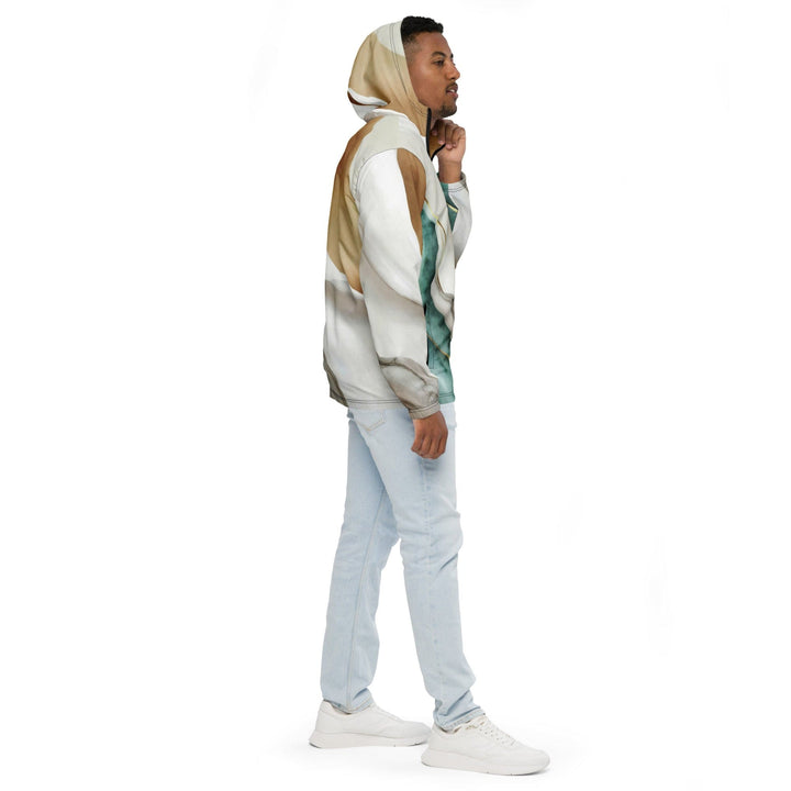 Mens Hooded Windbreaker Jacket Cream White Green Marbled Print