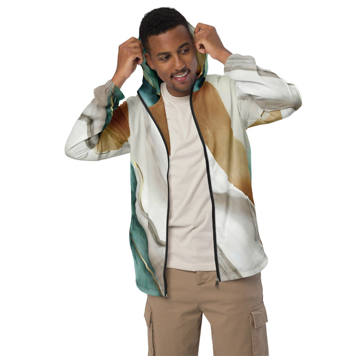 Mens Hooded Windbreaker Jacket Cream White Green Marbled Print