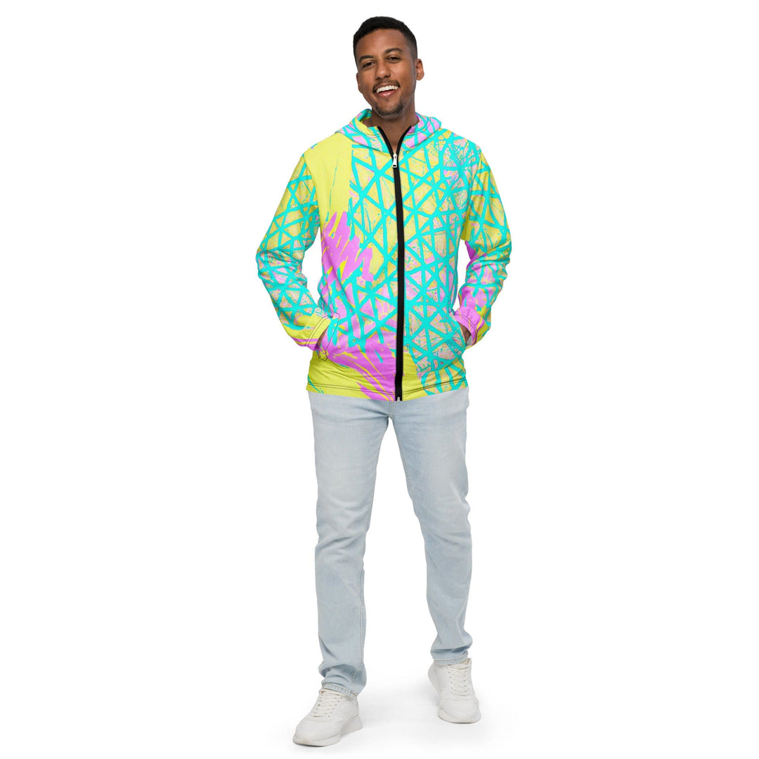 Mens Hooded Windbreaker Jacket - Cyan Blue Lime Green and Pink Pattern
