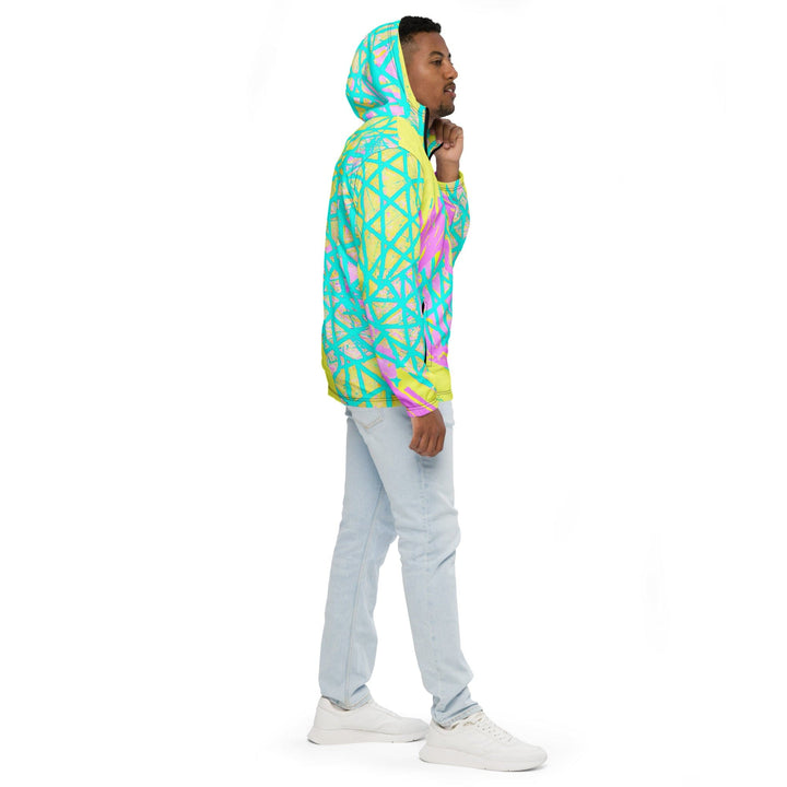 Mens Hooded Windbreaker Jacket - Cyan Blue Lime Green and Pink Pattern
