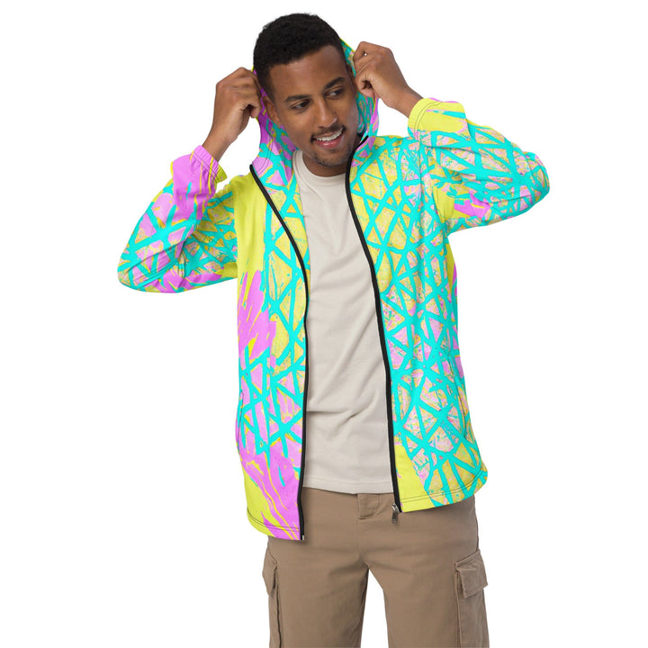 Mens Hooded Windbreaker Jacket - Cyan Blue Lime Green and Pink Pattern