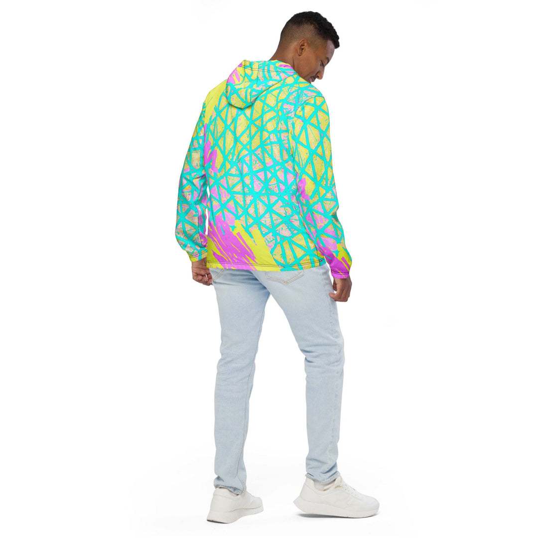 Mens Hooded Windbreaker Jacket - Cyan Blue Lime Green and Pink Pattern