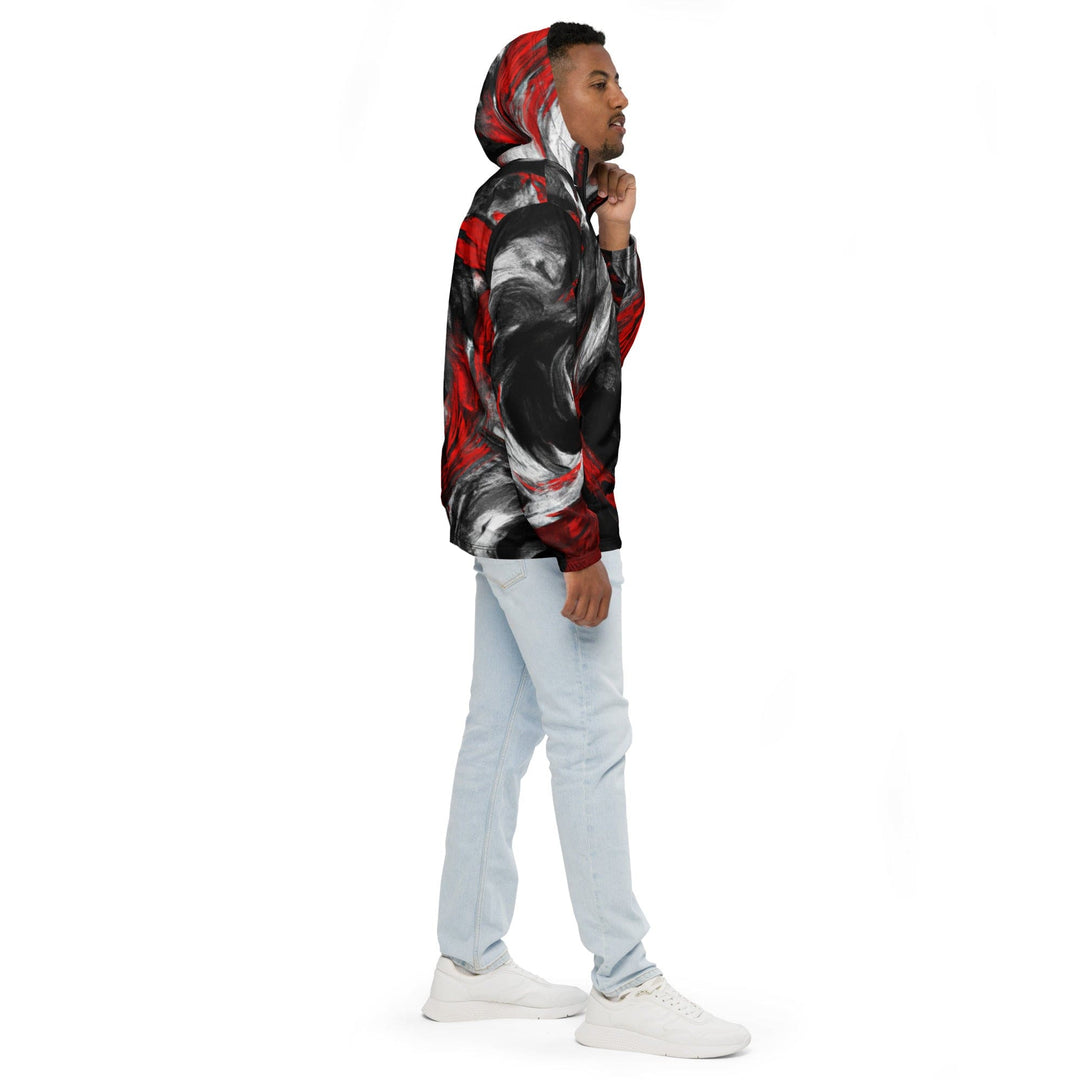 Mens Hooded Windbreaker Jacket Decorative Black Red White Abstract