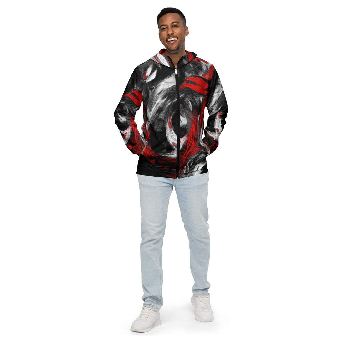 Mens Hooded Windbreaker Jacket Decorative Black Red White Abstract