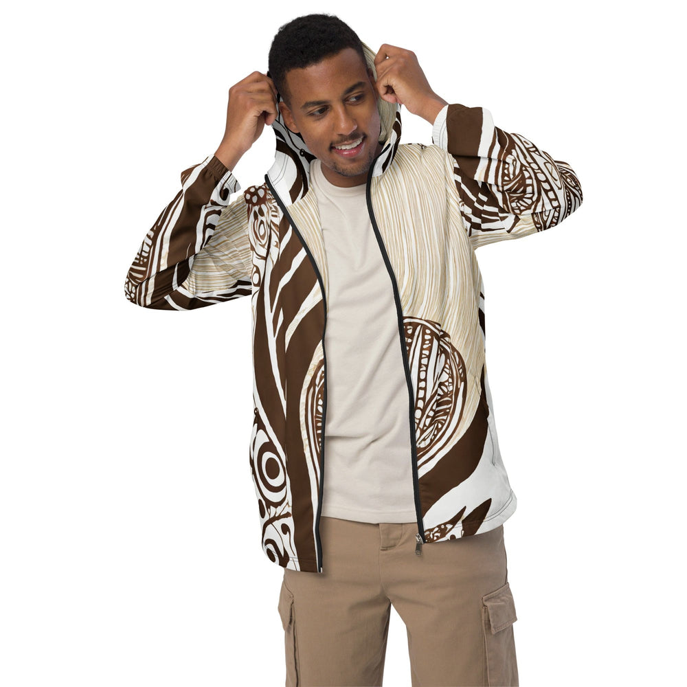 Mens Hooded Windbreaker Jacket Brown Floral Lines