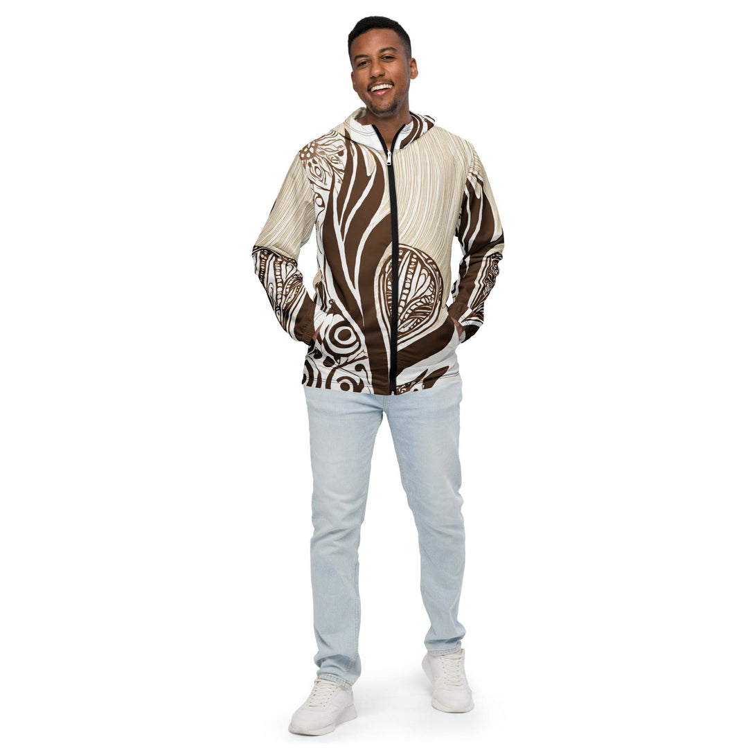 Mens Hooded Windbreaker Jacket Brown Floral Lines