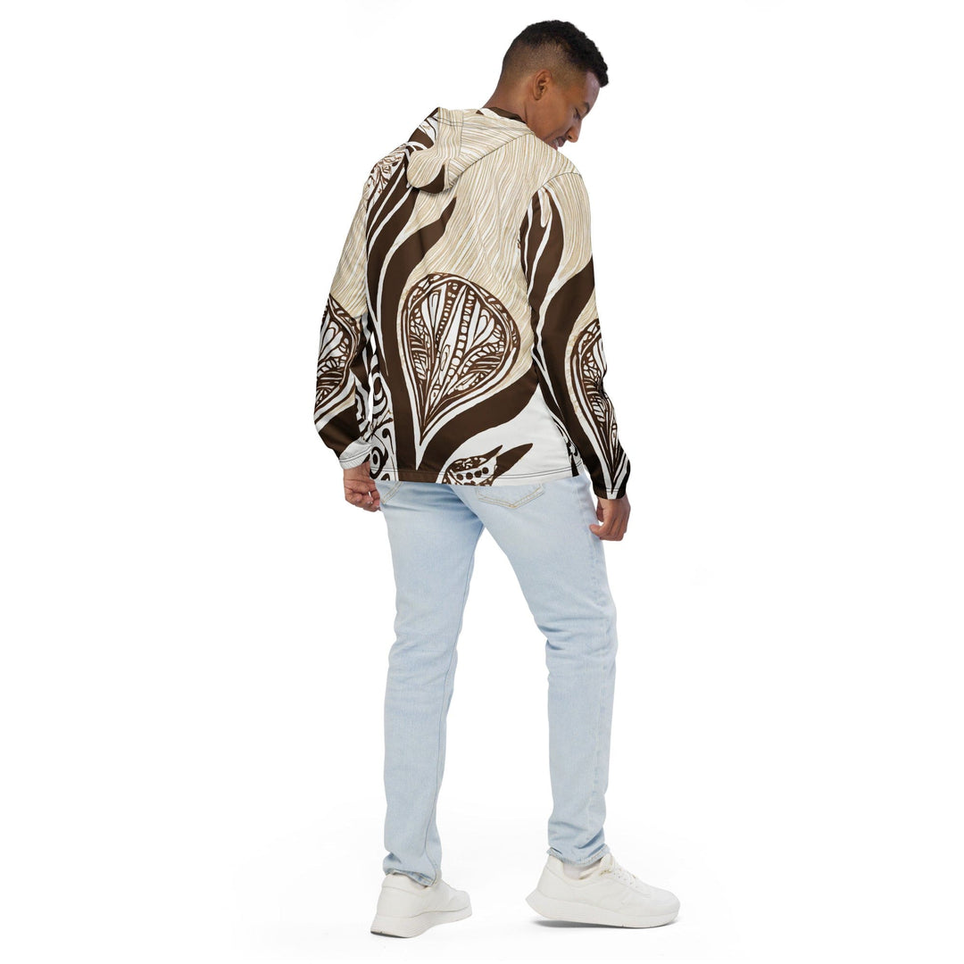 Mens Hooded Windbreaker Jacket Brown Floral Lines