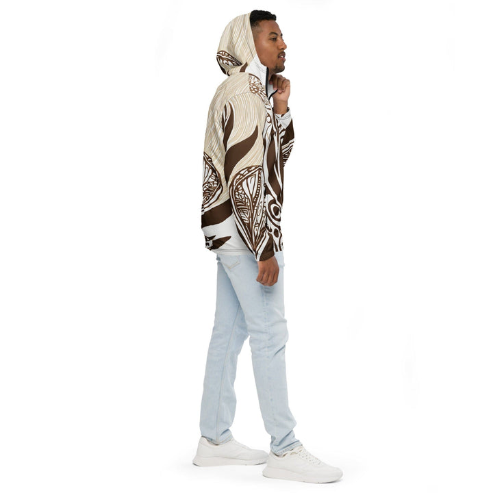 Mens Hooded Windbreaker Jacket Brown Floral Lines