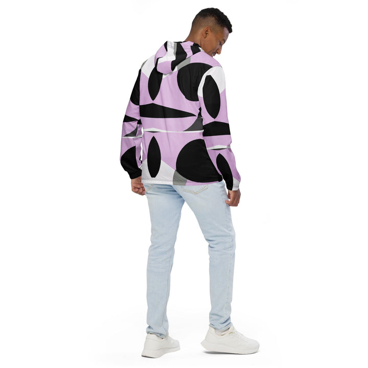 Mens Hooded Windbreaker Jacket Geometric Lavender And Black Pattern