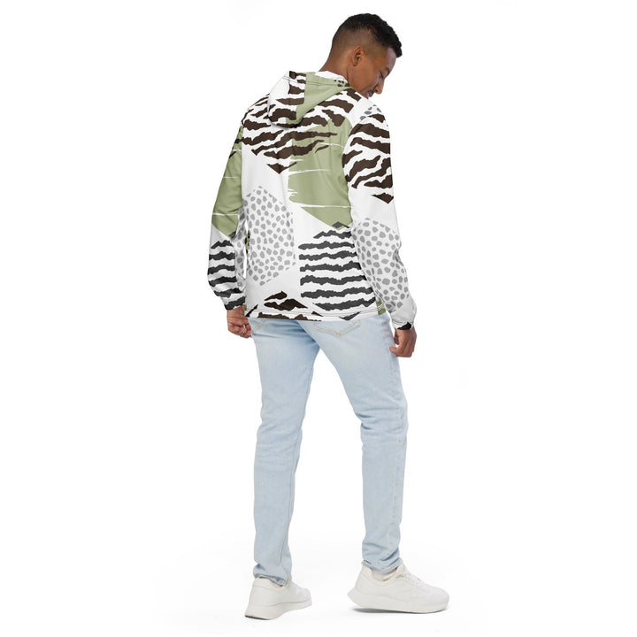 Mens Hooded Windbreaker Jacket - Brown Green Grey Geometric Hexagon