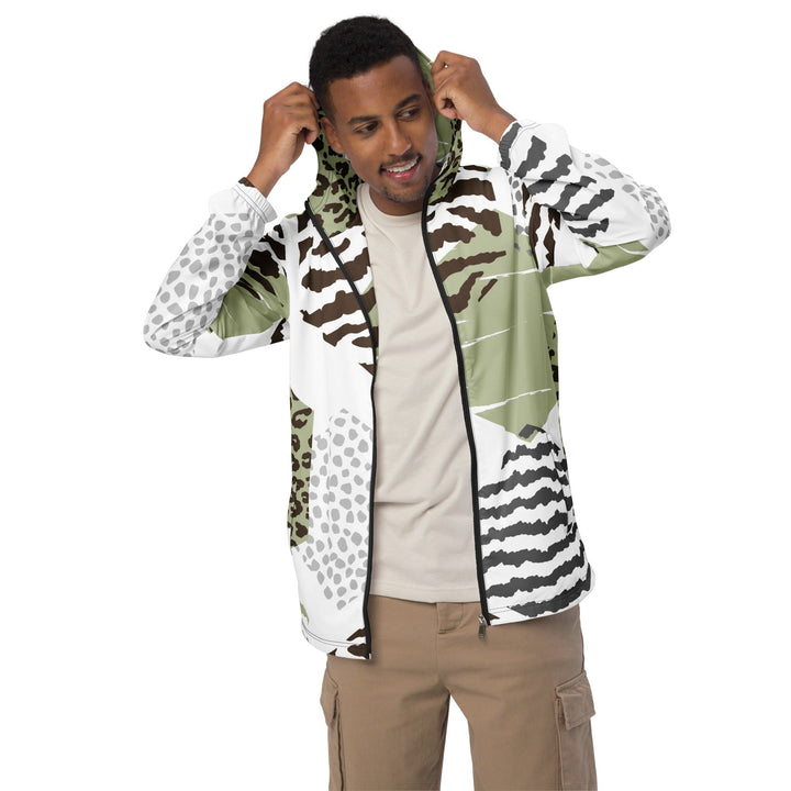 Mens Hooded Windbreaker Jacket - Brown Green Grey Geometric Hexagon