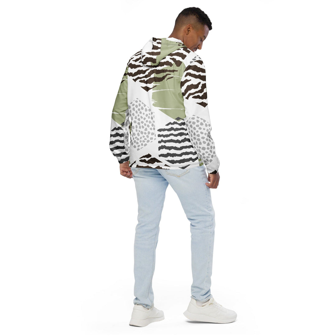 Mens Hooded Windbreaker Jacket - Brown Green Grey Geometric Hexagon