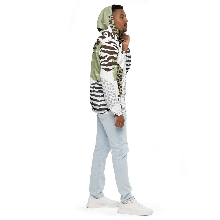 Mens Hooded Windbreaker Jacket - Brown Green Grey Geometric Hexagon