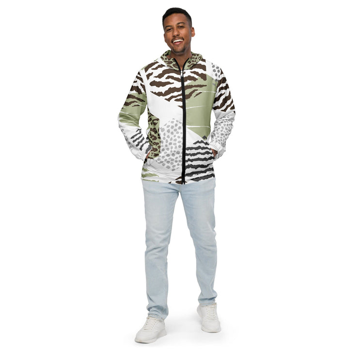 Mens Hooded Windbreaker Jacket - Brown Green Grey Geometric Hexagon