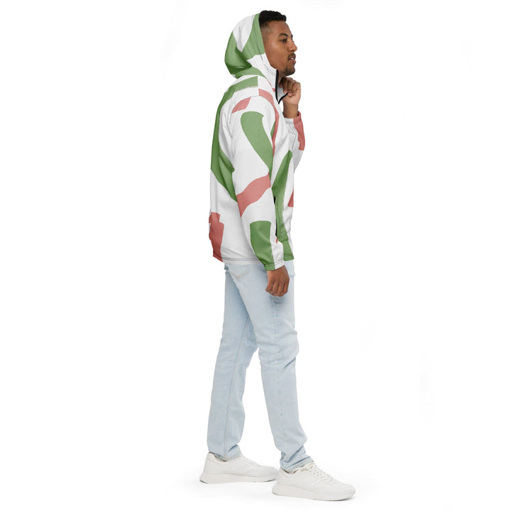 Mens Hooded Windbreaker Jacket Green Mauve Abstract Brush Stroke