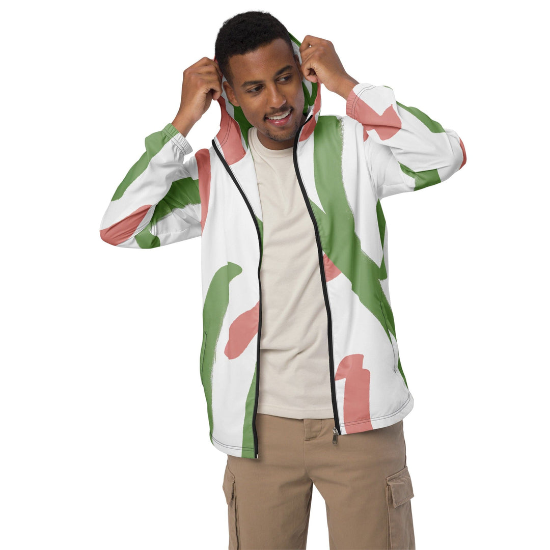 Mens Hooded Windbreaker Jacket Green Mauve Abstract Brush Stroke