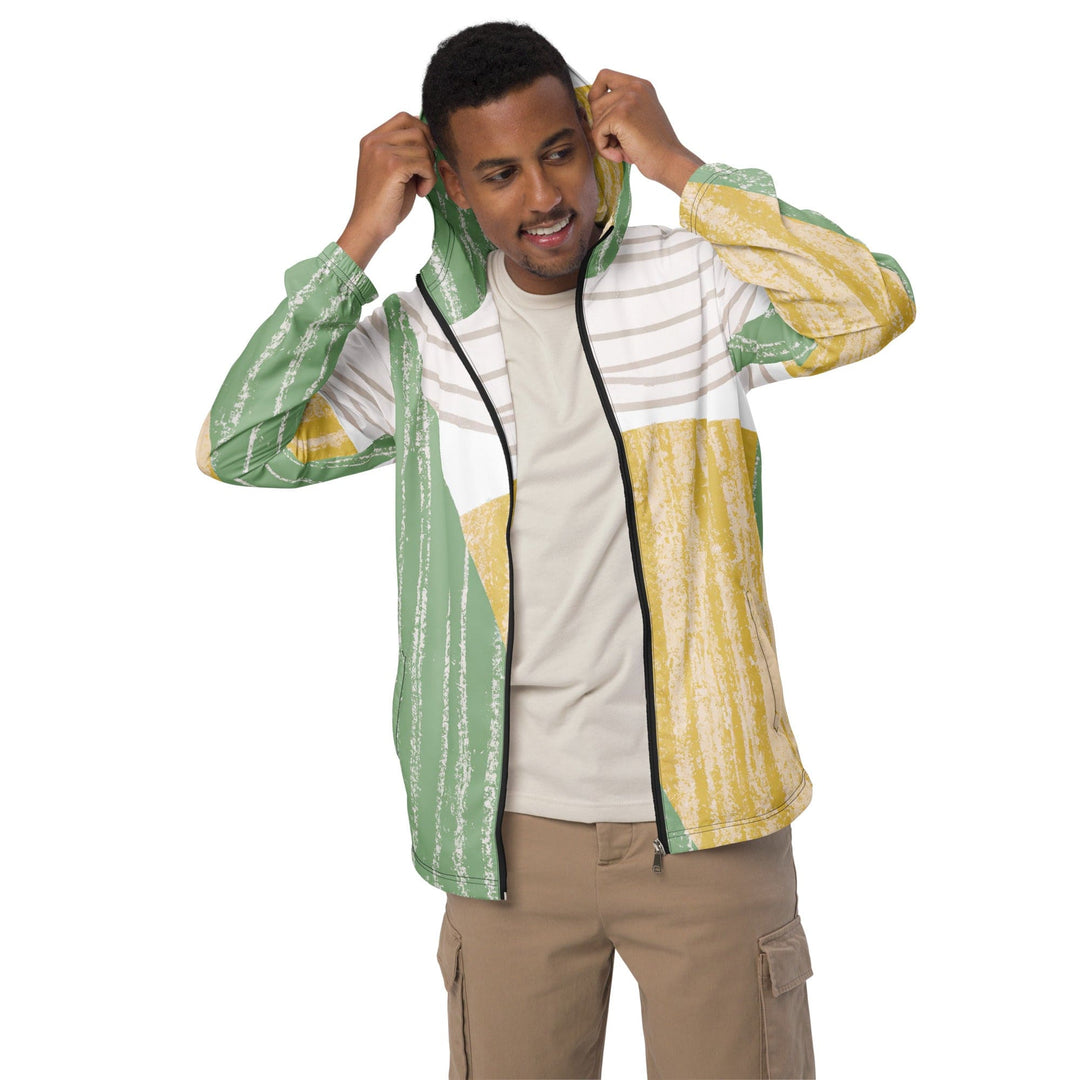 Mens Hooded Windbreaker Jacket - Green Textured Boho Pattern