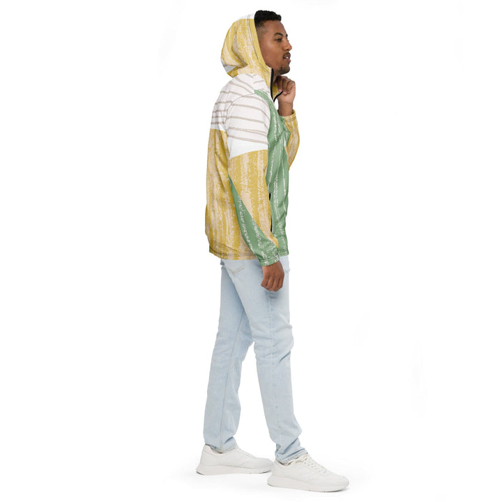 Mens Hooded Windbreaker Jacket - Green Textured Boho Pattern