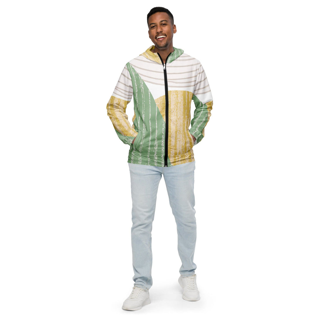 Mens Hooded Windbreaker Jacket - Green Textured Boho Pattern
