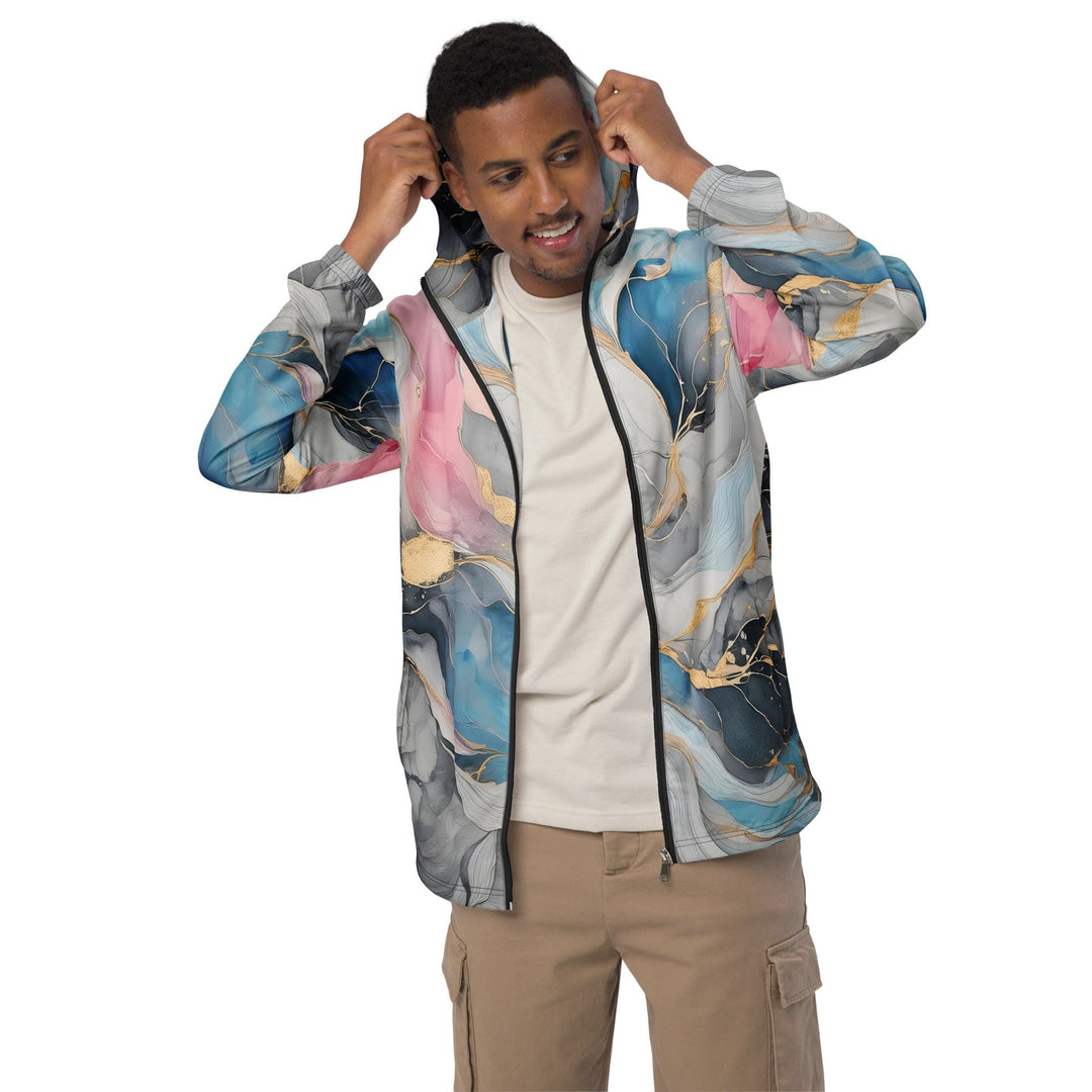 Mens Hooded Windbreaker Jacket - Marble Cloud of Grey Pink Blue 63389