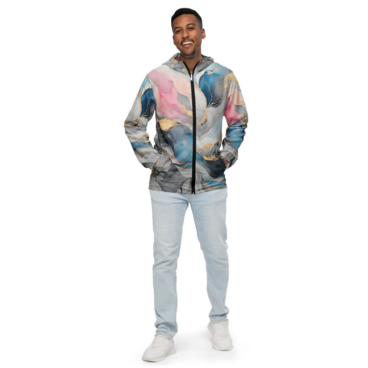 Mens Hooded Windbreaker Jacket - Marble Cloud of Grey Pink Blue 63389