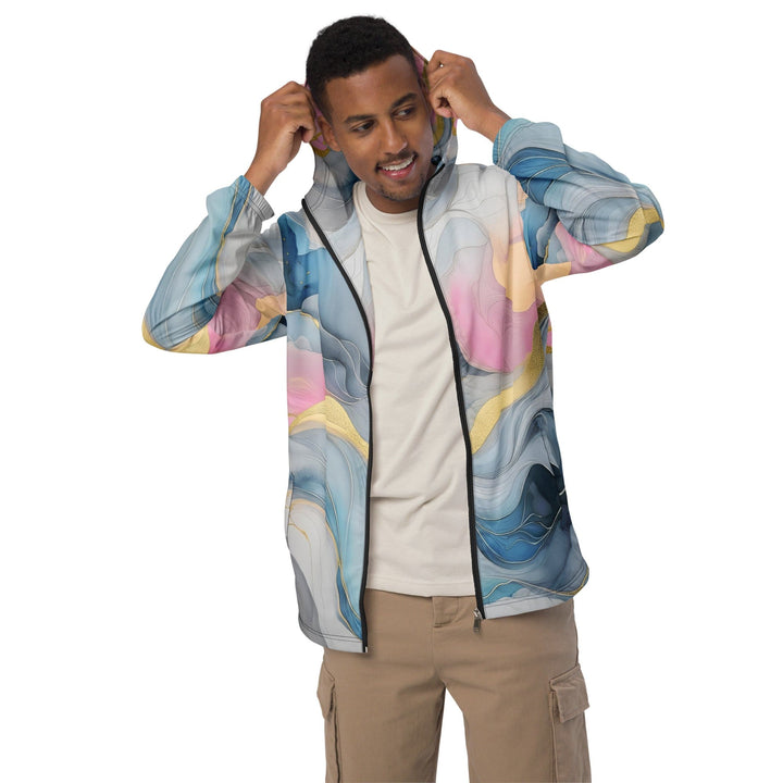 Mens Hooded Windbreaker Jacket - Marble Cloud of Grey Pink Blue 72067