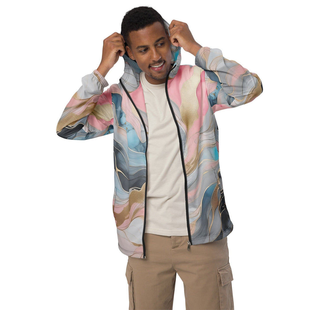 Mens Hooded Windbreaker Jacket Marble Cloud of Grey Pink Blue 82395