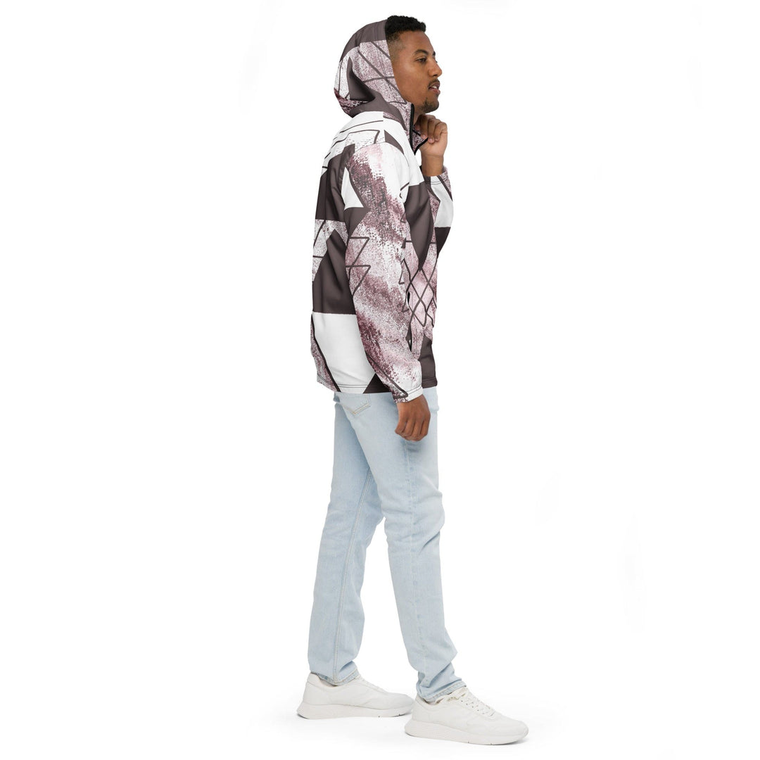Mens Hooded Windbreaker Jacket - Mauve Rose and White Triangular