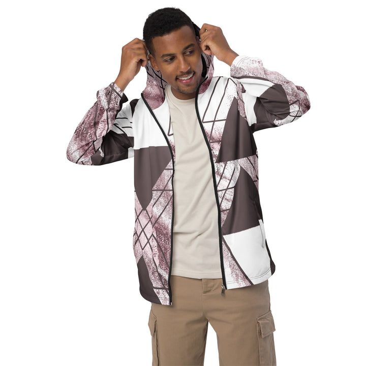 Mens Hooded Windbreaker Jacket - Mauve Rose and White Triangular