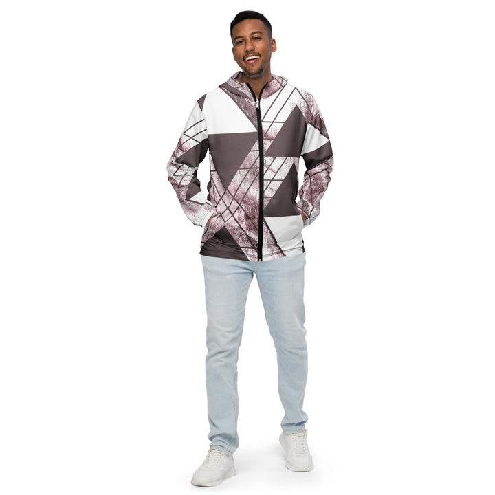 Mens Hooded Windbreaker Jacket - Mauve Rose and White Triangular