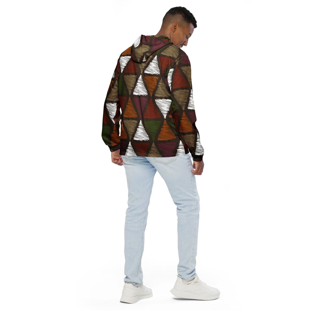Mens Hooded Windbreaker Jacket - Red Green Geometric Lines